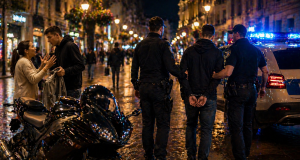 Policija privodi mladića na noćnoj gradskoj ulici dok se u blizini odvija sukob muškarca i žene kraj motocikla.