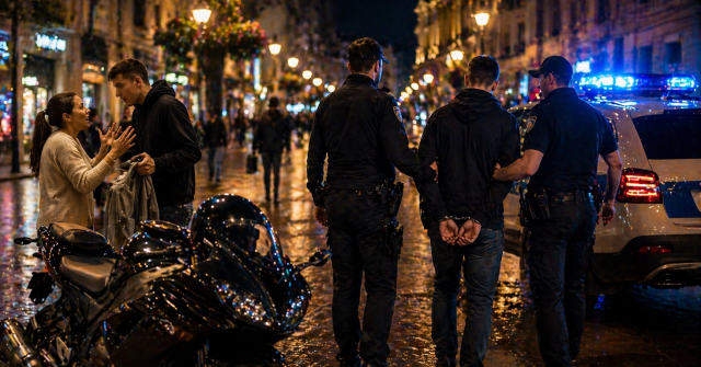Policija privodi mladića na noćnoj gradskoj ulici dok se u blizini odvija sukob muškarca i žene kraj motocikla.