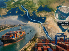 Karta pomorske rute između Damiette u Egiptu i Trsta u Italiji s prikazom gužve brodova u Hormuškom tjesnacu