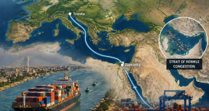 Karta pomorske rute između Damiette u Egiptu i Trsta u Italiji s prikazom gužve brodova u Hormuškom tjesnacu