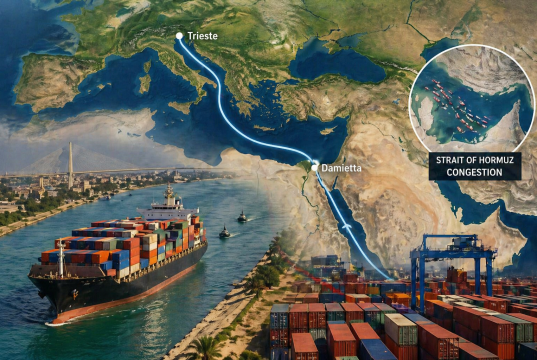 Karta pomorske rute između Damiette u Egiptu i Trsta u Italiji s prikazom gužve brodova u Hormuškom tjesnacu
