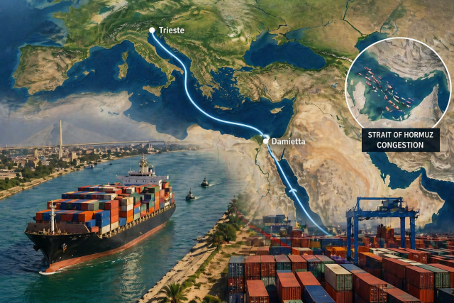 Karta pomorske rute između Damiette u Egiptu i Trsta u Italiji s prikazom gužve brodova u Hormuškom tjesnacu