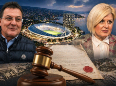 Iva Rinčić i Damir Mišković uz vizual stadiona Kantrida u noćnoj panorami Rijeke