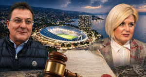 Iva Rinčić i Damir Mišković uz vizual stadiona Kantrida u noćnoj panorami Rijeke