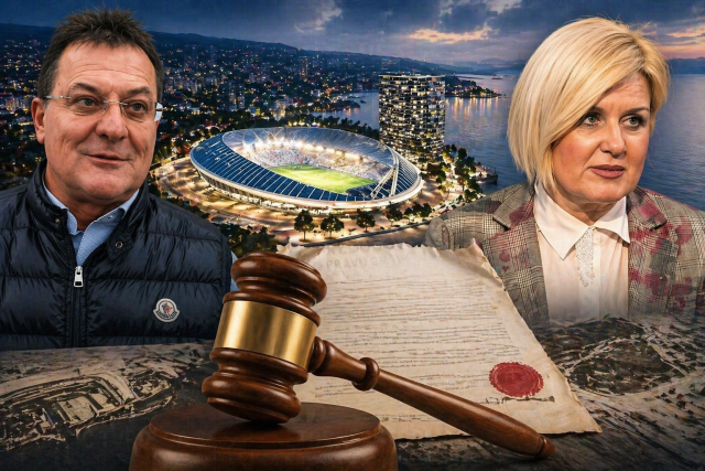 Iva Rinčić i Damir Mišković uz vizual stadiona Kantrida u noćnoj panorami Rijeke