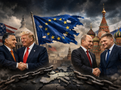 Suverenizam je bio prevara: najglasniji “branitelji suvereniteta” prvi su trčali Trumpu i Putinu Trump i Orbán te Putin i Fico rukuju se s obje strane poderane zastave Europske unije iznad napuknute karte Europe, uz dramatično nebo i lance koji simboliziraju političku ovisnost.