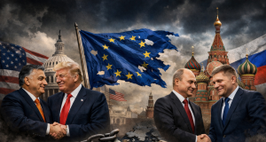 Trump i Orbán te Putin i Fico rukuju se s obje strane poderane zastave Europske unije iznad napuknute karte Europe, uz dramatično nebo i lance koji simboliziraju političku ovisnost.