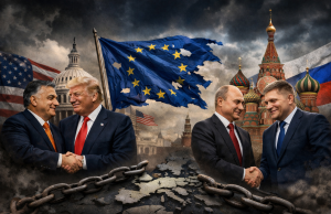 Suverenizam je bio prevara: najglasniji “branitelji suvereniteta” prvi su trčali Trumpu i Putinu Trump i Orbán te Putin i Fico rukuju se s obje strane poderane zastave Europske unije iznad napuknute karte Europe, uz dramatično nebo i lance koji simboliziraju političku ovisnost.