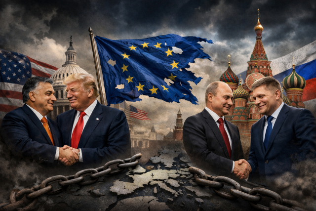 Trump i Orbán te Putin i Fico rukuju se s obje strane poderane zastave Europske unije iznad napuknute karte Europe, uz dramatično nebo i lance koji simboliziraju političku ovisnost.