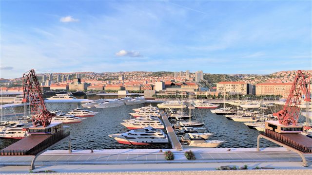 Vizualizacija marine Porto Baroš u Rijeci s jahtama i novouređenom obalom, projekt ACI Gitone