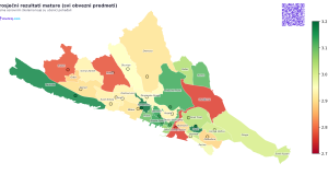 Karta Rijeke s prosječnim rezultatima državne mature po osnovnim školama, s istaknutim razlikama između kvartova te naglašenim padom OŠ Trsat i stabilnim rezultatima OŠ Srdoči.