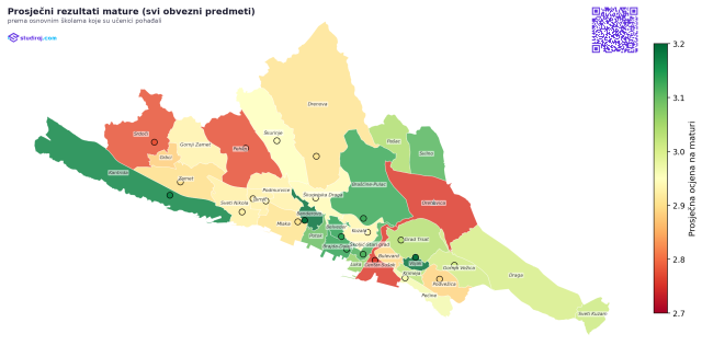 Karta Rijeke s prosječnim rezultatima državne mature po osnovnim školama, s istaknutim razlikama između kvartova te naglašenim padom OŠ Trsat i stabilnim rezultatima OŠ Srdoči.