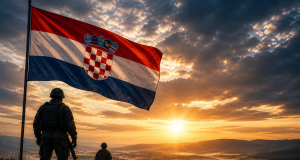 Ilustracija hrvatske zastave koja se vijori iznad silueta vojnika na uzvisini u zlatnom zalasku sunca, simbolizirajući Domovinski rat i operaciju Bljesak.