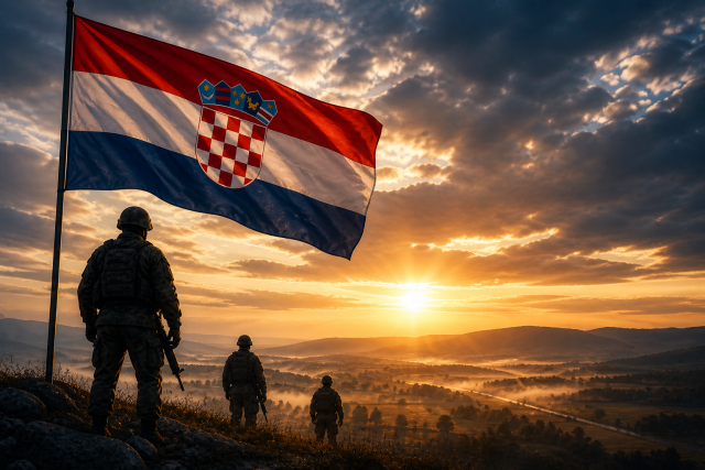 Ilustracija hrvatske zastave koja se vijori iznad silueta vojnika na uzvisini u zlatnom zalasku sunca, simbolizirajući Domovinski rat i operaciju Bljesak.