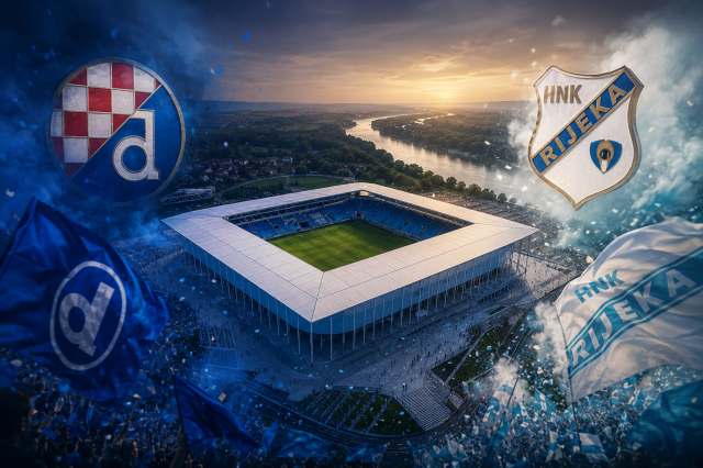 Pogled iz zraka na stadion Opus Arena u Osijeku uoči finala kupa između Dinama i Rijeke uz obilježja oba kluba.