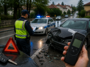 Ilustracija prometne nesreće na Viškovu uz policijsko vozilo, oštećeni automobil i alkotest nakon vožnje pod utjecajem alkohola.