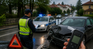 Ilustracija prometne nesreće na Viškovu uz policijsko vozilo, oštećeni automobil i alkotest nakon vožnje pod utjecajem alkohola.