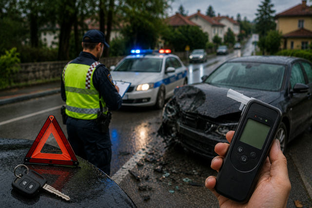 Ilustracija prometne nesreće na Viškovu uz policijsko vozilo, oštećeni automobil i alkotest nakon vožnje pod utjecajem alkohola.