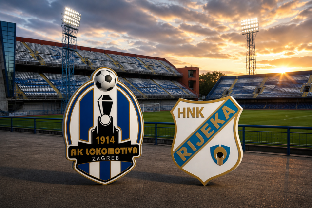 Grbovi NK Lokomotiva Zagreb i HNK Rijeka ispred stadiona Maksimir u Zagrebu s travnjakom u pozadini