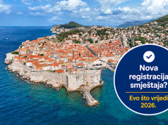 Zračni pogled na Dubrovnik s kružnim grafičkim istakom o novoj registraciji smještaja i pravilima za sezonu 2026.