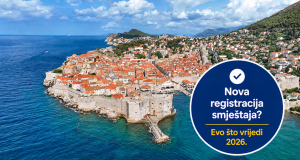Zračni pogled na Dubrovnik s kružnim grafičkim istakom o novoj registraciji smještaja i pravilima za sezonu 2026.