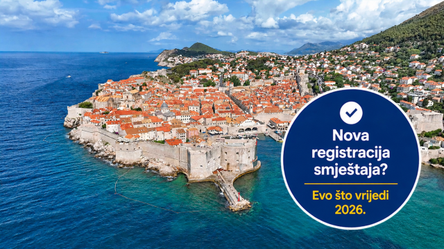 Zračni pogled na Dubrovnik s kružnim grafičkim istakom o novoj registraciji smještaja i pravilima za sezonu 2026.