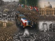 Kolaž velikih državnih pogreba s masama ljudi, središnji prizor kovčega prekrivenog zastavom i okupljenim svjetskim čelnicima