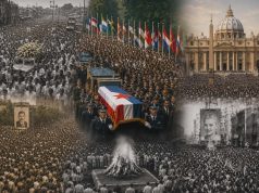Kolaž velikih državnih pogreba s masama ljudi, središnji prizor kovčega prekrivenog zastavom i okupljenim svjetskim čelnicima