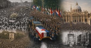 Kolaž velikih državnih pogreba s masama ljudi, središnji prizor kovčega prekrivenog zastavom i okupljenim svjetskim čelnicima