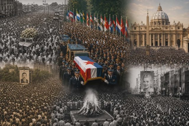 Kolaž velikih državnih pogreba s masama ljudi, središnji prizor kovčega prekrivenog zastavom i okupljenim svjetskim čelnicima